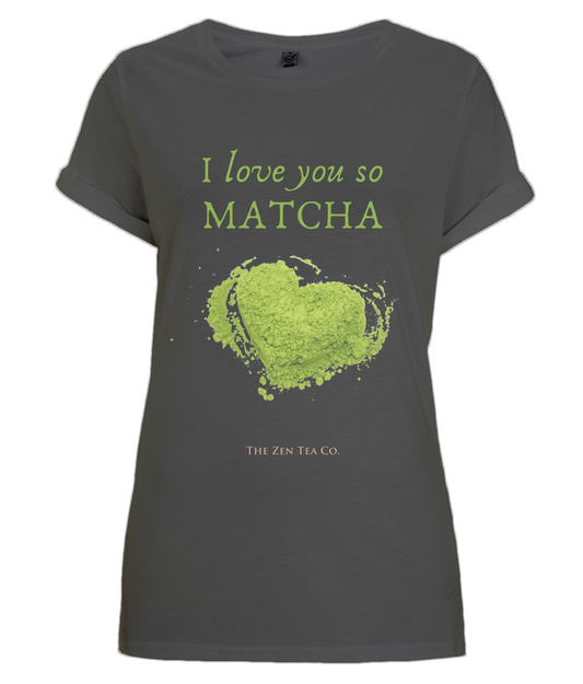 Organic & Vegan Rolled Up Sleeves Woman Black T-Shirt for Matcha Green Tea lovers - I love you so matcha